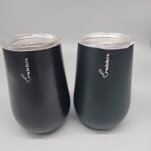 2 Rabbit Black Stainless Steel Wine Glasses With Plastic Lids 12 Ounce